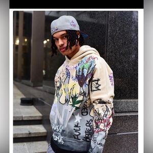 FNTY LIFE 🔥Bold rhinostone beige multicolored Hoodie flying ninety size L